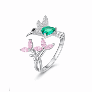Anillo Colibrí corte Pera y flor Rosada